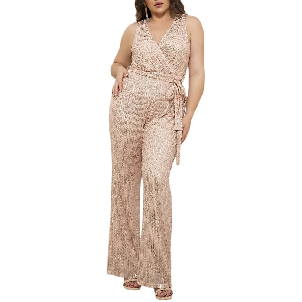 Autumn New Style Women's Fashion Temperament Large Size Bodysuit Fat Mm Sequin V-neck Bodysuit