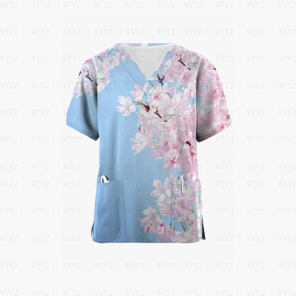 Scrubs Medical Uniform Pink Ribbon Cancer Fighter Graphic Women's Uniforms V Neck Short Sleeve Tops with Pockets Scrubs for Wome