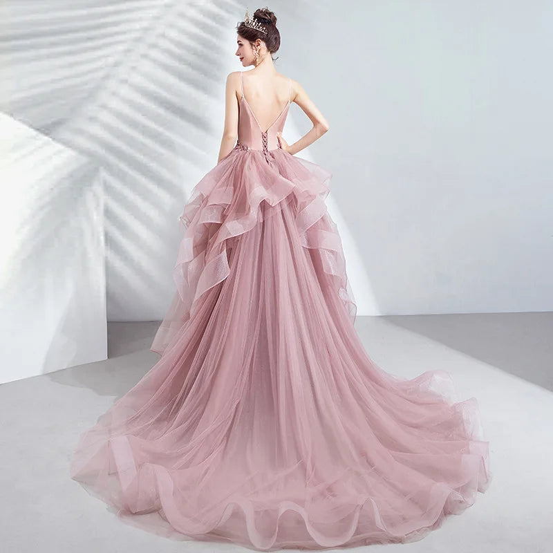Unique Pink Wedding dress Puffy A Line Quinceanera Dresses V Neck Appliques Spaghetti Strap Tiered Ruffles Prom Gown graduati