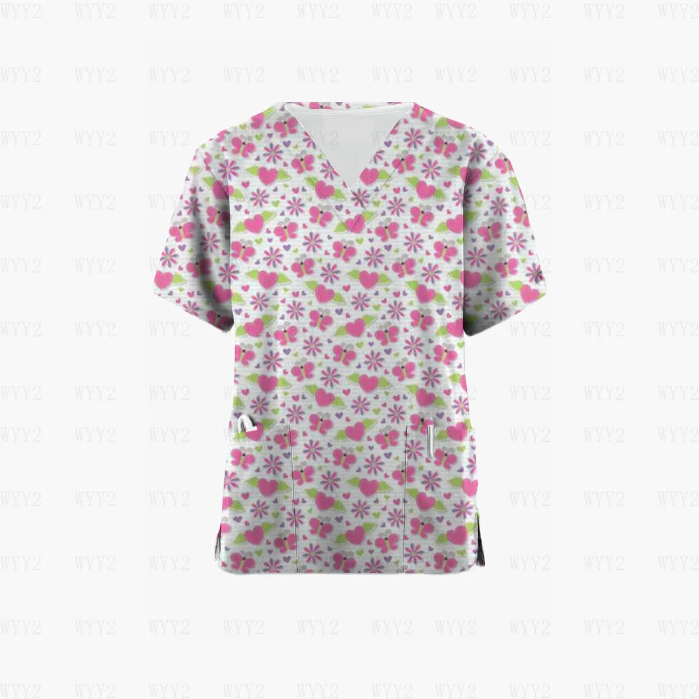 Scrubs Medical Uniform Pink Ribbon Cancer Fighter Graphic Women's Uniforms V Neck Short Sleeve Tops with Pockets Scrubs for Wome
