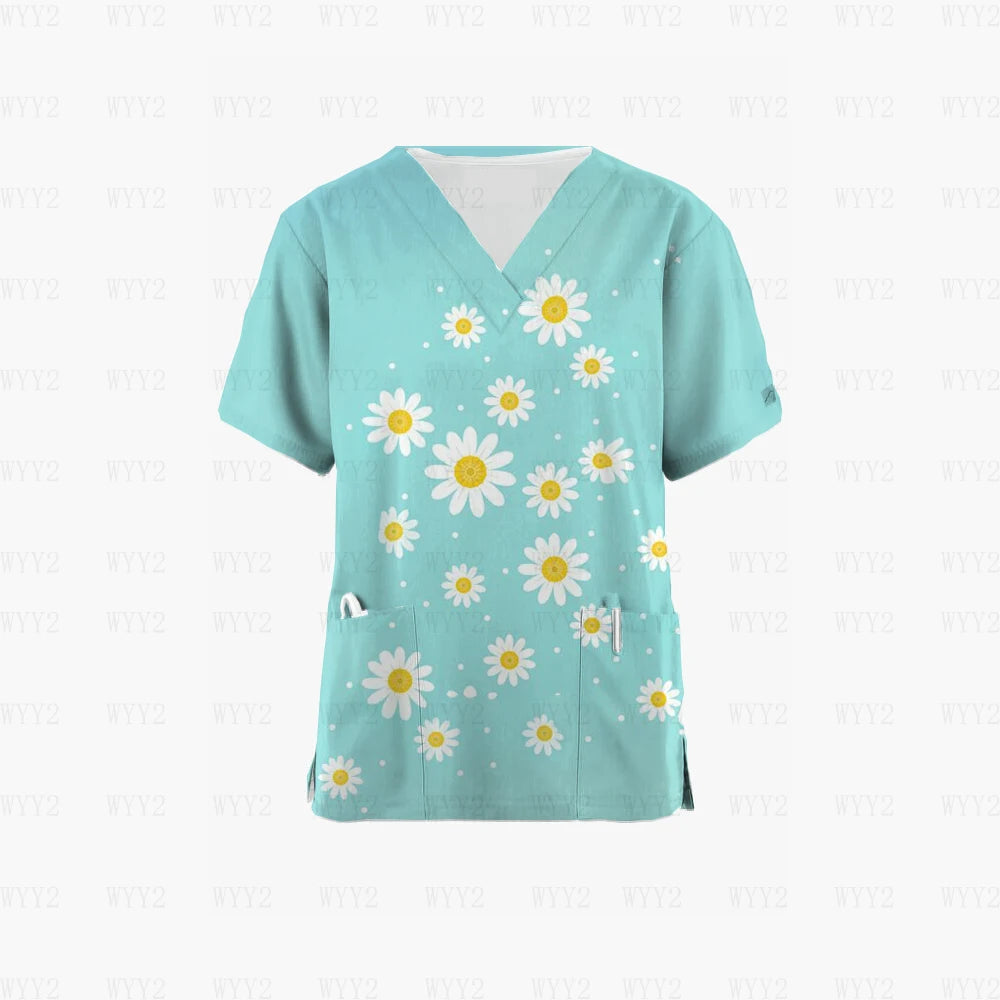Scrubs Medical Uniform Pink Ribbon Cancer Fighter Graphic Women's Uniforms V Neck Short Sleeve Tops with Pockets Scrubs for Wome
