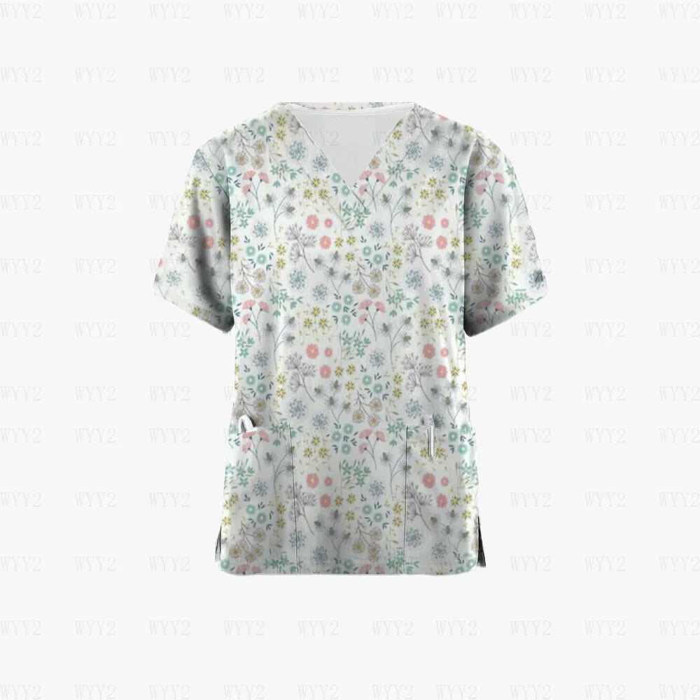 Scrubs Medical Uniform Pink Ribbon Cancer Fighter Graphic Women's Uniforms V Neck Short Sleeve Tops with Pockets Scrubs for Wome