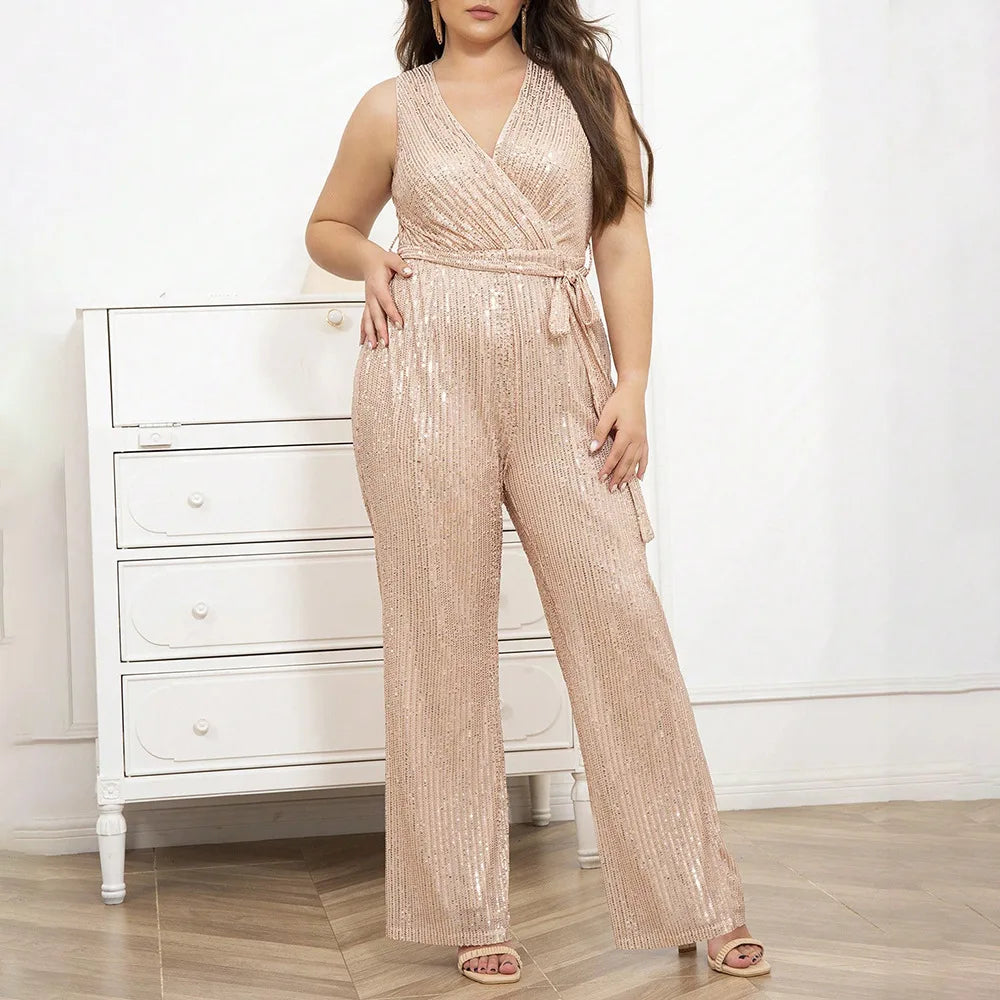 Autumn New Style Women's Fashion Temperament Large Size Bodysuit Fat Mm Sequin V-neck Bodysuit
