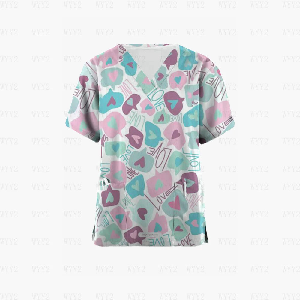 Scrubs Medical Uniform Pink Ribbon Cancer Fighter Graphic Women's Uniforms V Neck Short Sleeve Tops with Pockets Scrubs for Wome