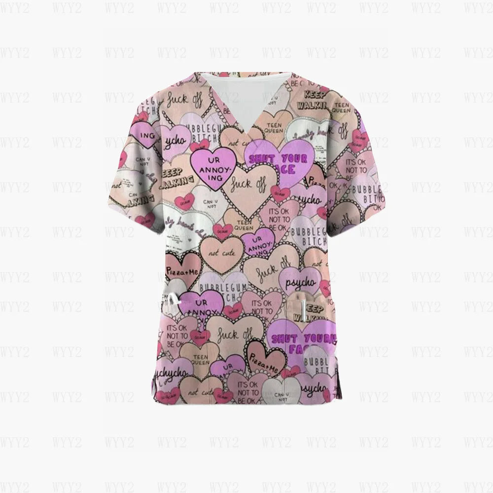 Scrubs Medical Uniform Pink Ribbon Cancer Fighter Graphic Women's Uniforms V Neck Short Sleeve Tops with Pockets Scrubs for Wome