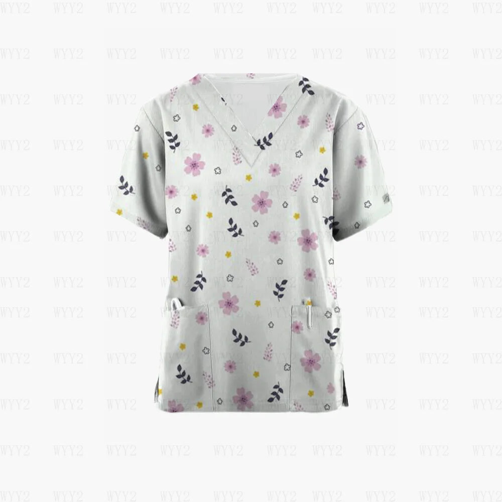 Scrubs Medical Uniform Pink Ribbon Cancer Fighter Graphic Women's Uniforms V Neck Short Sleeve Tops with Pockets Scrubs for Wome