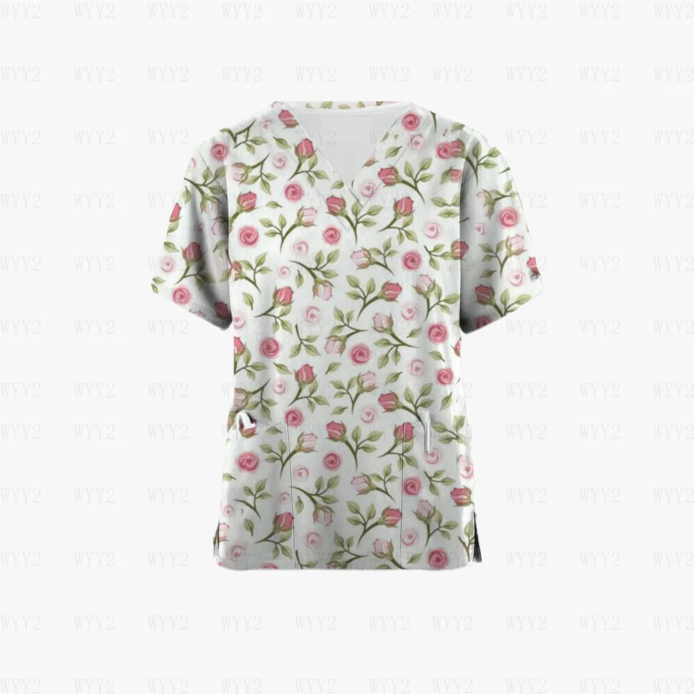 Scrubs Medical Uniform Pink Ribbon Cancer Fighter Graphic Women's Uniforms V Neck Short Sleeve Tops with Pockets Scrubs for Wome