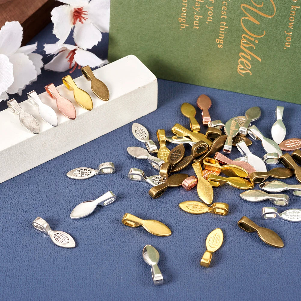 50Pcs Leaf Alloy Glue-on Flat Pad Bails Pendant Bails 5 Colors for Necklace Pendants Jewelry Findings Crafting