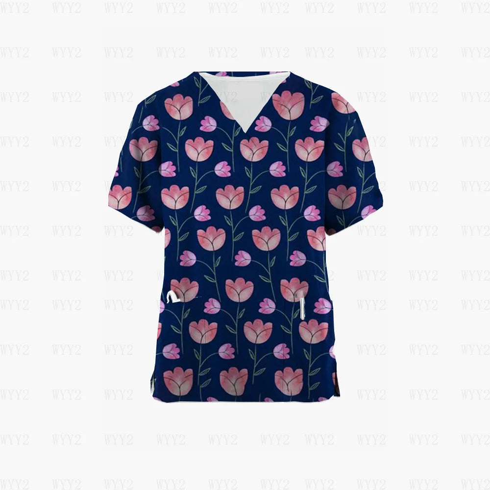 Scrubs Medical Uniform Pink Ribbon Cancer Fighter Graphic Women's Uniforms V Neck Short Sleeve Tops with Pockets Scrubs for Wome