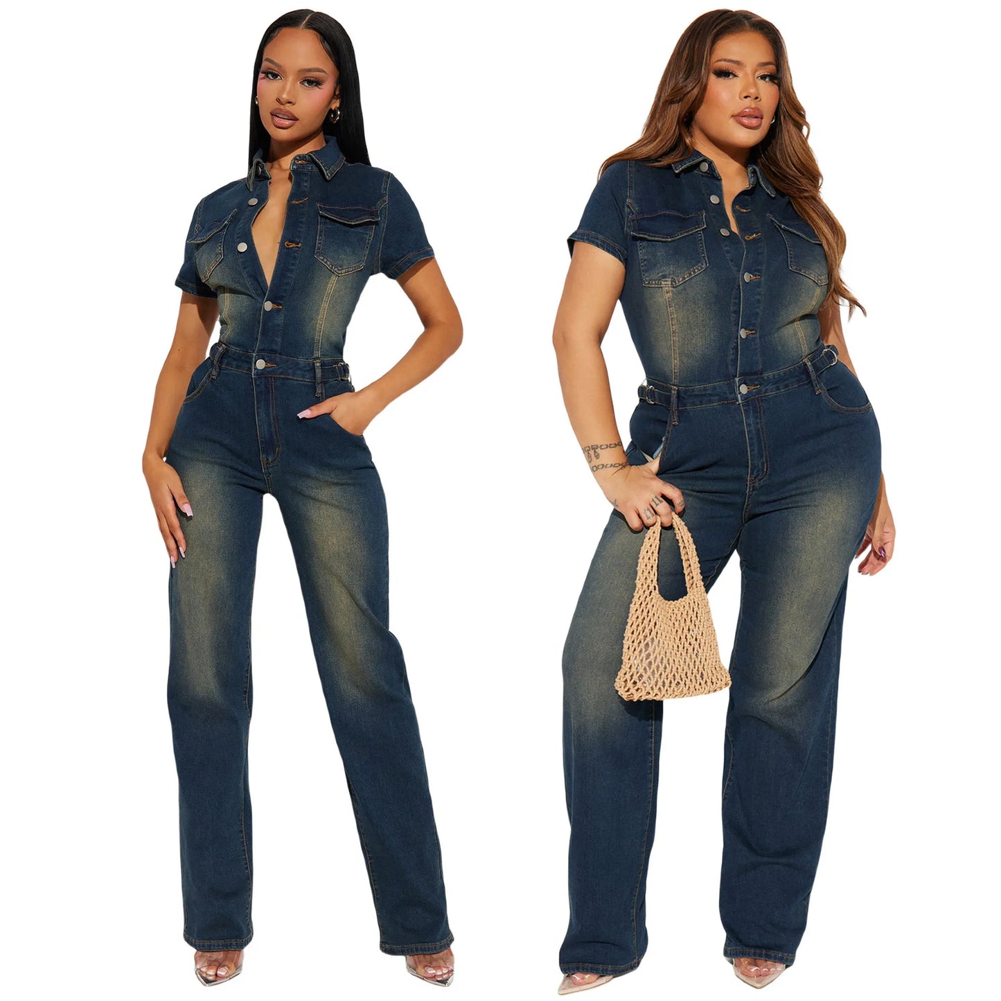 Demin Overalls Jumpsuits Women One Piece Mom Jeans Long Pants Short Sleeve High Waist Rompers Y2k Streetwear Casual Party