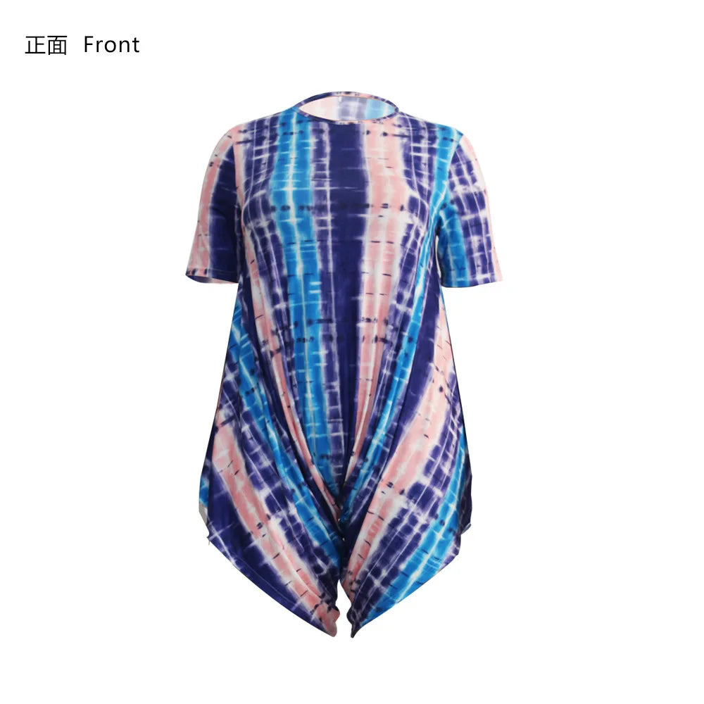 Summer Fashion Plus Size Jumpsuit Color Printed Irregular Shorts T-shirt Large Item