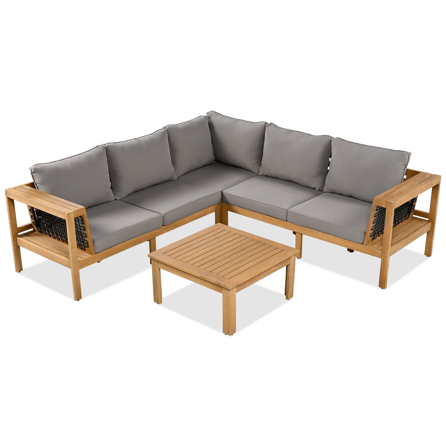 4 Pieces Outdoor Acacia Wood Sofa Set, Woven Mesh Armrests, L-Shaped