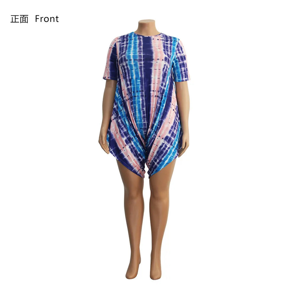 Summer Fashion Plus Size Jumpsuit Color Printed Irregular Shorts T-shirt Large Item