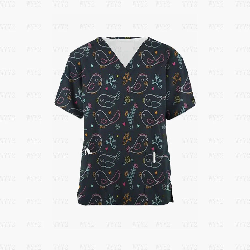 Scrubs Medical Uniform Pink Ribbon Cancer Fighter Graphic Women's Uniforms V Neck Short Sleeve Tops with Pockets Scrubs for Wome