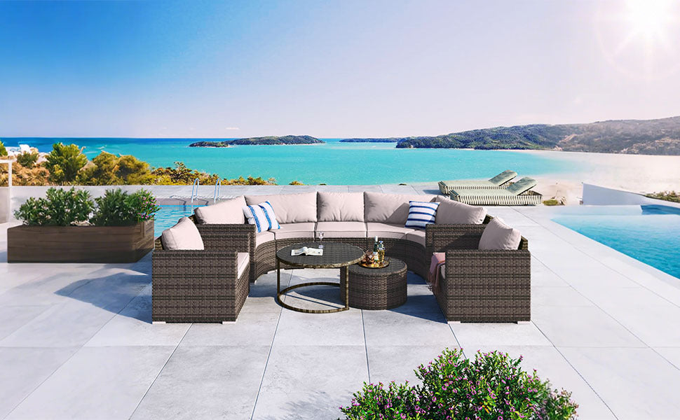 9-Pieces Outdoor Half-moon Patio Sofa Set, Round Sofa Set, Modern