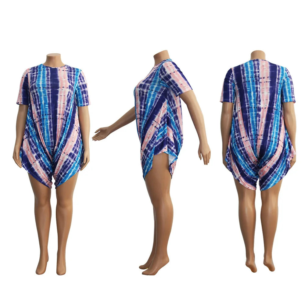 Summer Fashion Plus Size Jumpsuit Color Printed Irregular Shorts T-shirt Large Item