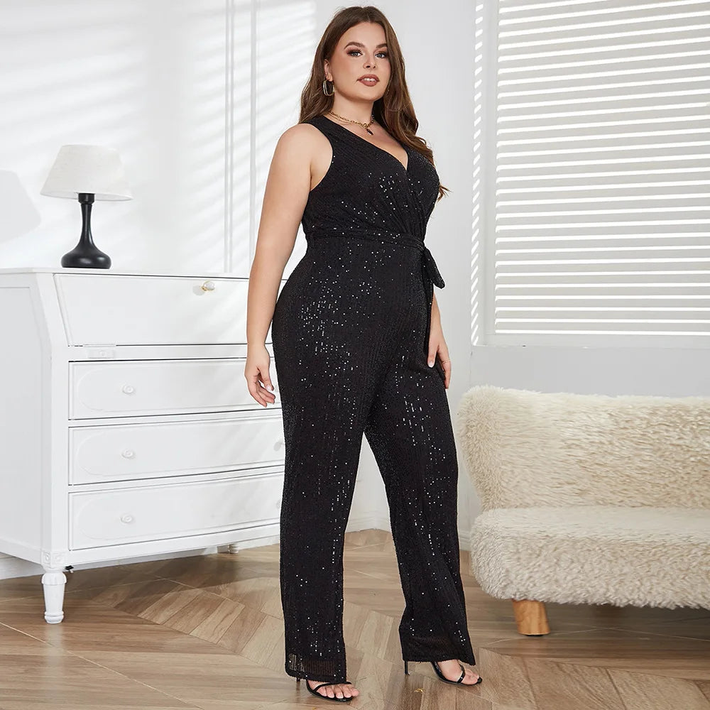 Autumn New Style Women's Fashion Temperament Large Size Bodysuit Fat Mm Sequin V-neck Bodysuit