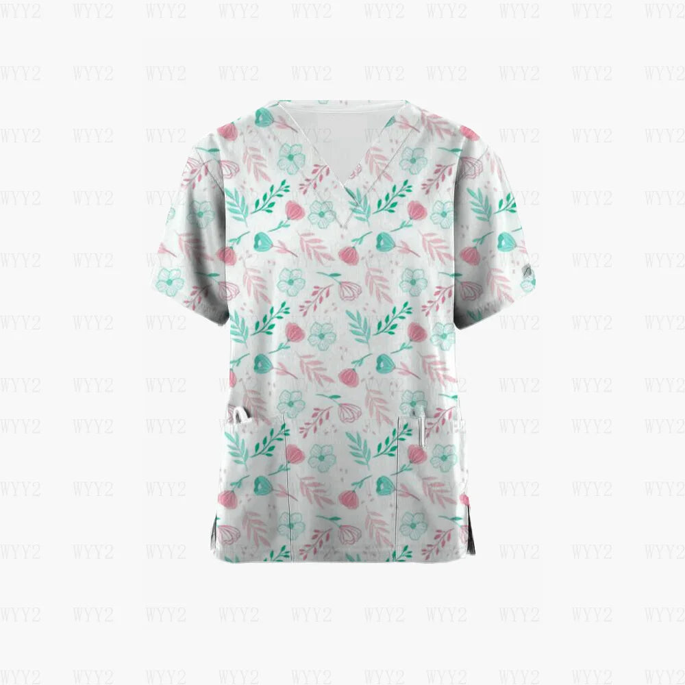 Scrubs Medical Uniform Pink Ribbon Cancer Fighter Graphic Women's Uniforms V Neck Short Sleeve Tops with Pockets Scrubs for Wome