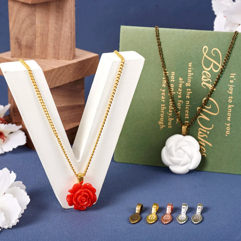 50Pcs Leaf Alloy Glue-on Flat Pad Bails Pendant Bails 5 Colors for Necklace Pendants Jewelry Findings Crafting