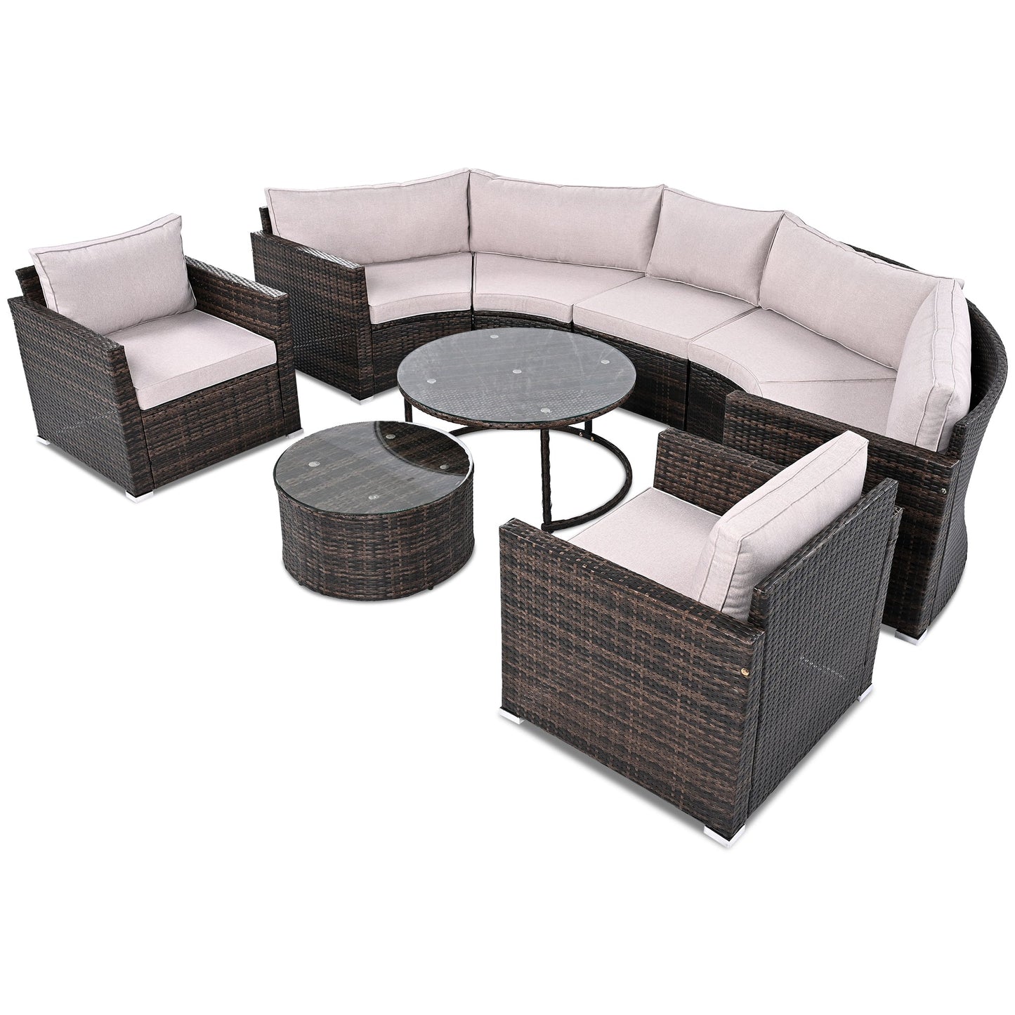 9-Pieces Outdoor Half-moon Patio Sofa Set, Round Sofa Set, Modern