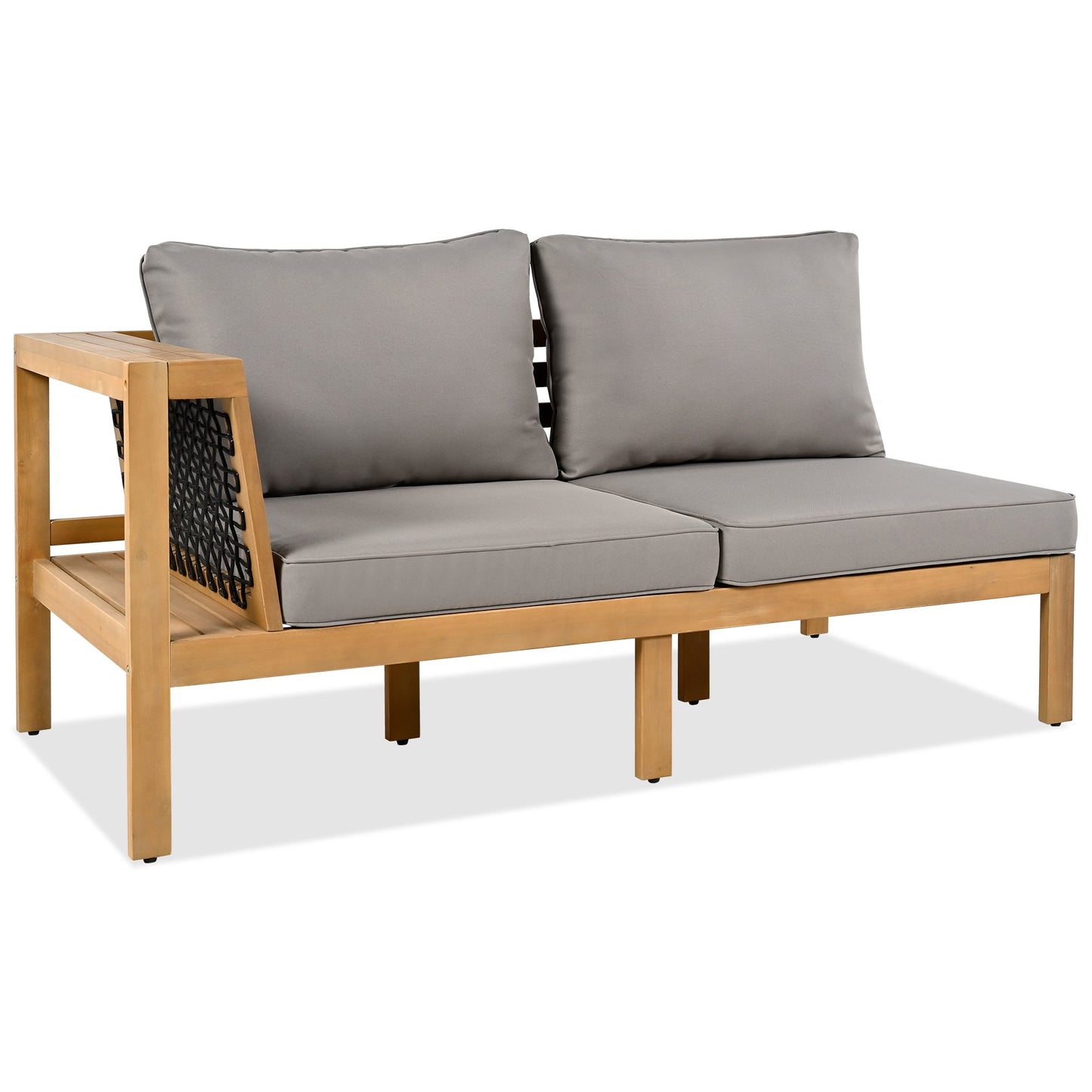 4 Pieces Outdoor Acacia Wood Sofa Set, Woven Mesh Armrests, L-Shaped