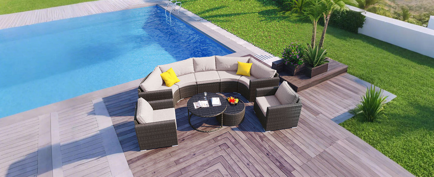 9-Pieces Outdoor Half-moon Patio Sofa Set, Round Sofa Set, Modern