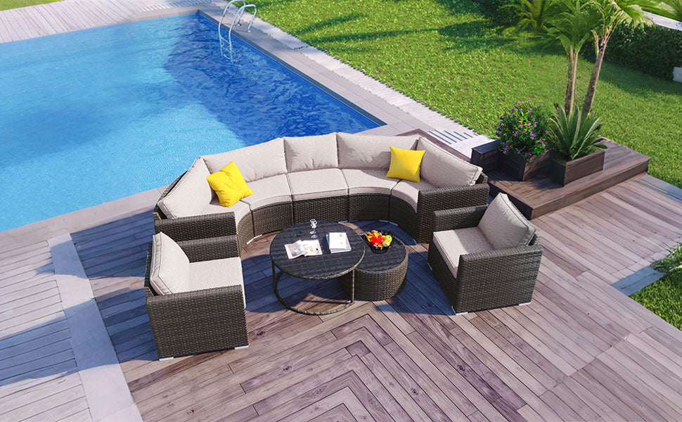 9-Pieces Outdoor Half-moon Patio Sofa Set, Round Sofa Set, Modern