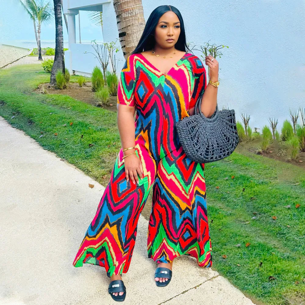 N8077 Women's Summer Fashion Casual Vacation Style Contrasting Printed Loose V-neck Wide Leg Jumpsuit