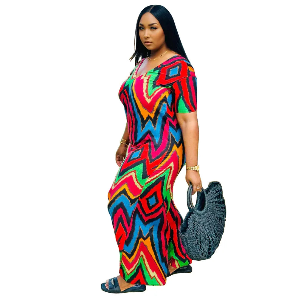 N8077 Women's Summer Fashion Casual Vacation Style Contrasting Printed Loose V-neck Wide Leg Jumpsuit