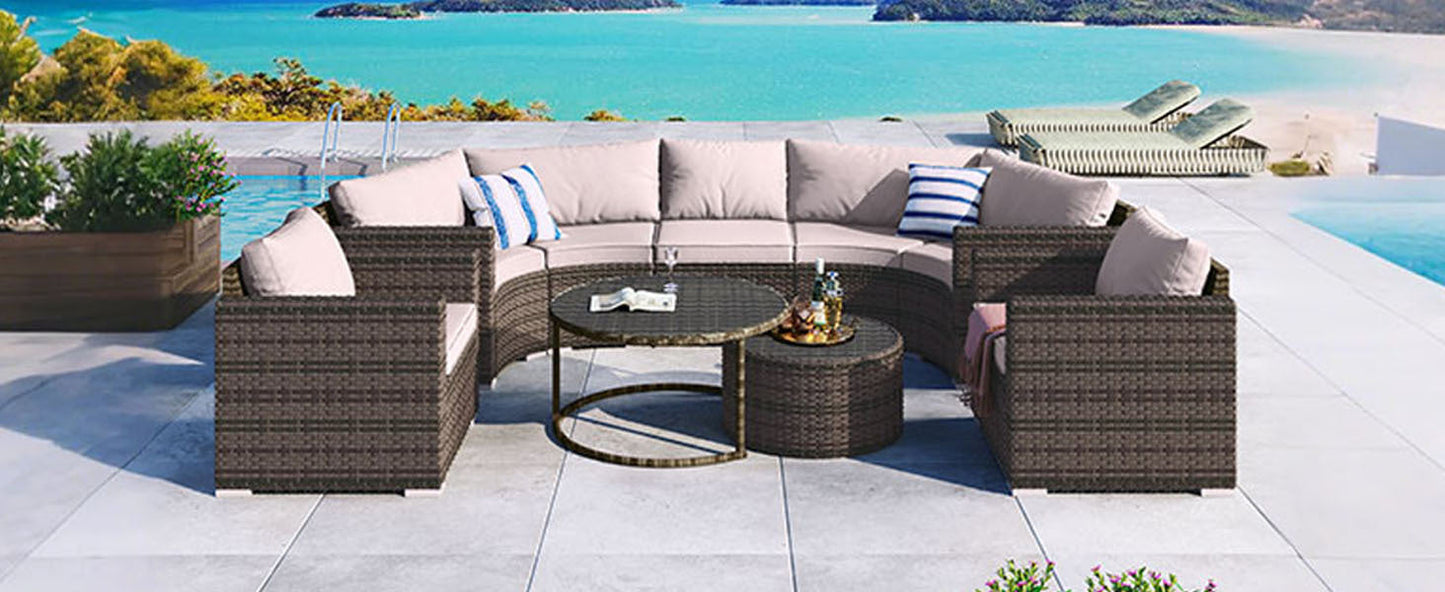 9-Pieces Outdoor Half-moon Patio Sofa Set, Round Sofa Set, Modern