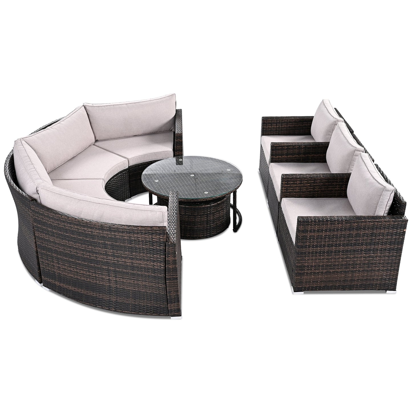 9-Pieces Outdoor Half-moon Patio Sofa Set, Round Sofa Set, Modern