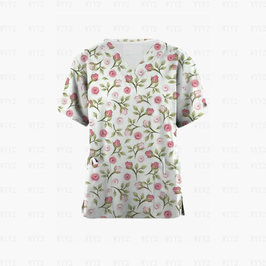 Scrubs Medical Uniform Pink Ribbon Cancer Fighter Graphic Women's Uniforms V Neck Short Sleeve Tops with Pockets Scrubs for Wome