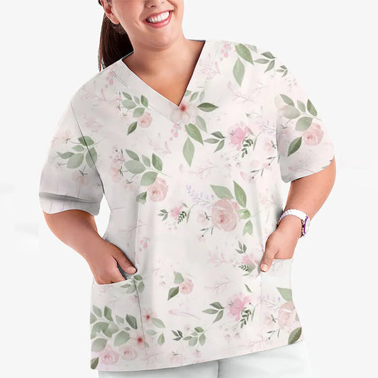 Scrubs Medical Uniform Pink Ribbon Cancer Fighter Graphic Women's Uniforms V Neck Short Sleeve Tops with Pockets Scrubs for Wome