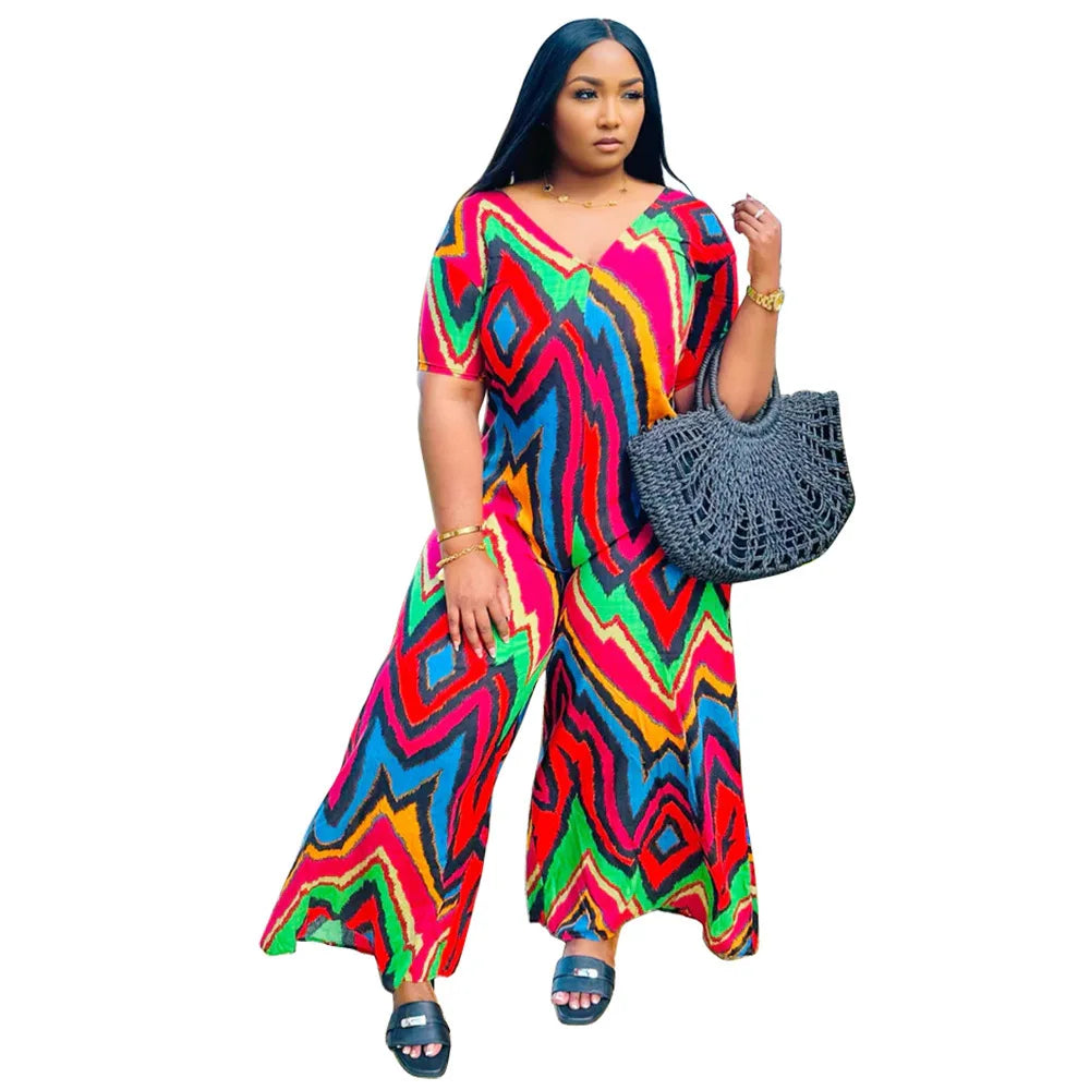N8077 Women's Summer Fashion Casual Vacation Style Contrasting Printed Loose V-neck Wide Leg Jumpsuit