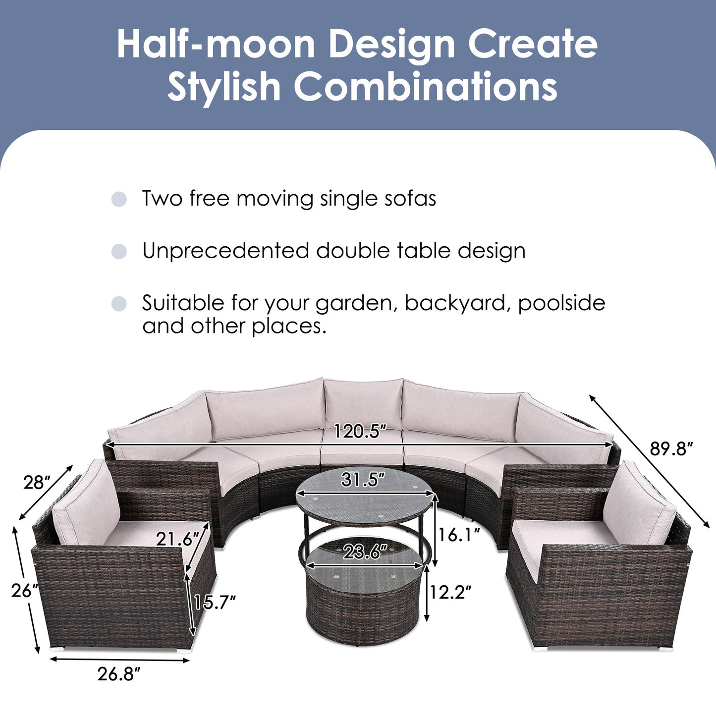 9-Pieces Outdoor Half-moon Patio Sofa Set, Round Sofa Set, Modern