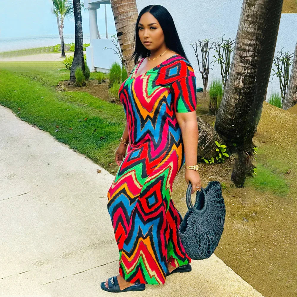 N8077 Women's Summer Fashion Casual Vacation Style Contrasting Printed Loose V-neck Wide Leg Jumpsuit