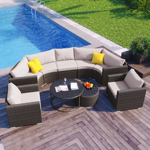 9-Pieces Outdoor Half-moon Patio Sofa Set, Round Sofa Set, Modern