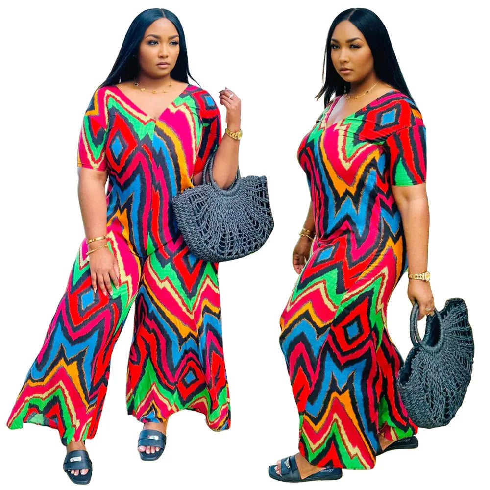 N8077 Women's Summer Fashion Casual Vacation Style Contrasting Printed Loose V-neck Wide Leg Jumpsuit