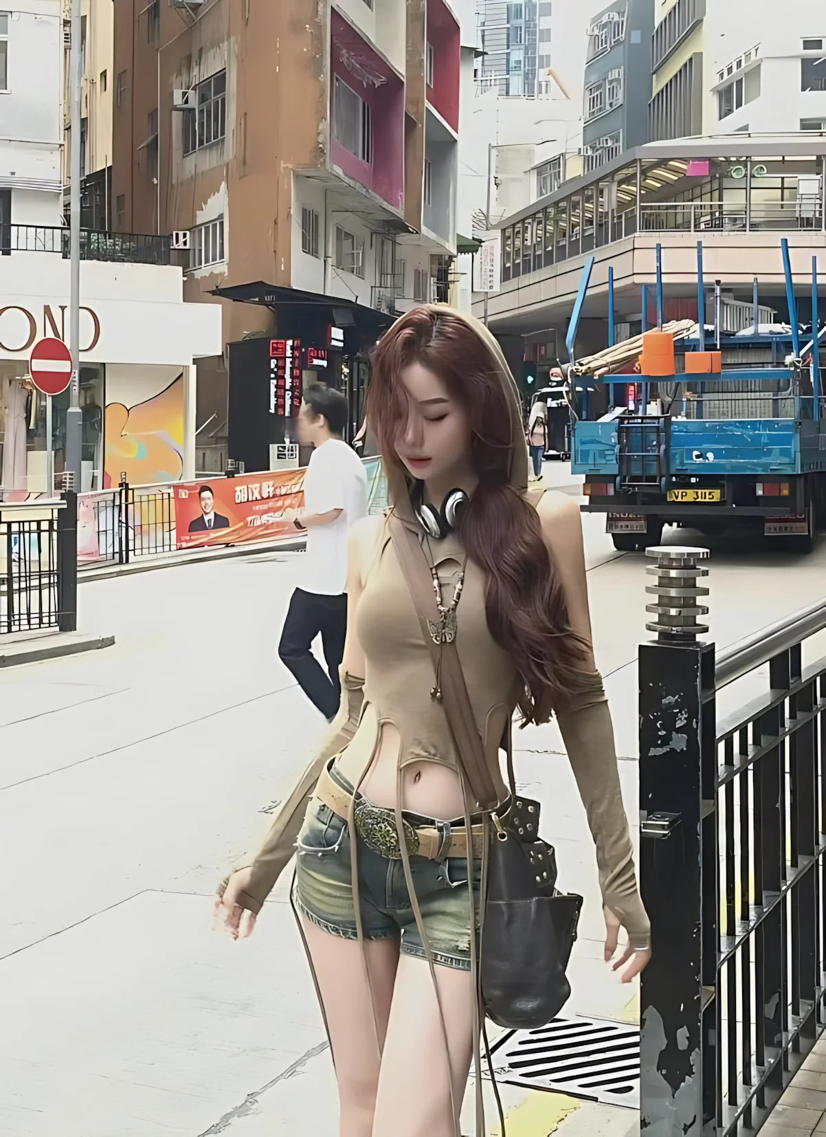 2025 New Wind Piercing Hooded Belly Top Sexy Irregular Slimming Gothic Harajuku Aesthetic Slimming Long Sleeve Top